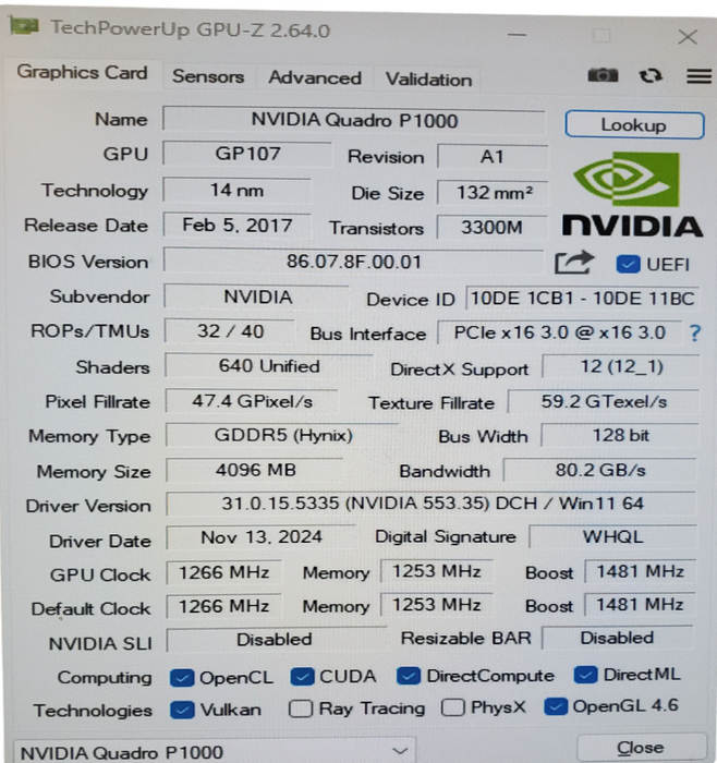 NVIDIA Quadro P1000 4GB GDDR5 Graphics Card 4x MiniDP - Low Profile