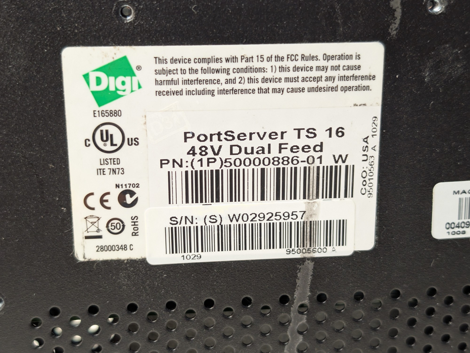 DIGI PortServer TS 16 PN 50000886-01 48V Dual Feed Serial Terminal  -