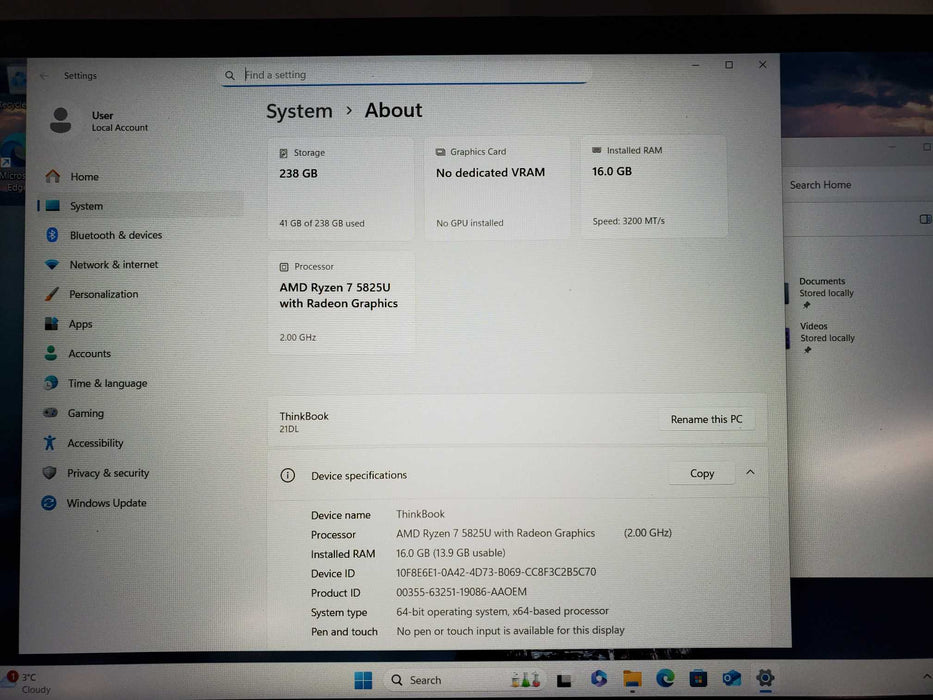 Lenovo ThinkBook 15 G4 AMD RYZEN 7825U 16GB RAM 256GB SSD