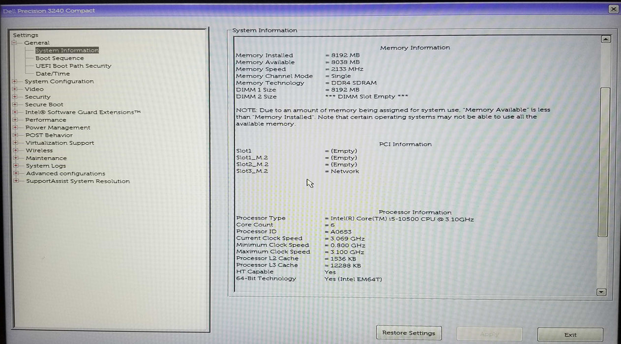 Dell Precision 3240 Compact Intel i5-10500 CPU 3.10GHz 8GB RAM  No HDD/M.2 Q