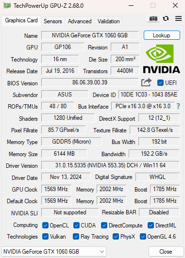 ASUS GeForce GTX 1060 6GB GDDR5 Graphics Card (DUAL-GTX1060-O6G)
