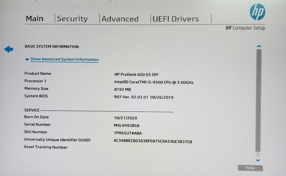 HP ProDesk 600 G5 SFF, Intel i5-9500 CPU 3.00GHz, 8GB RAM - NO HDD Q