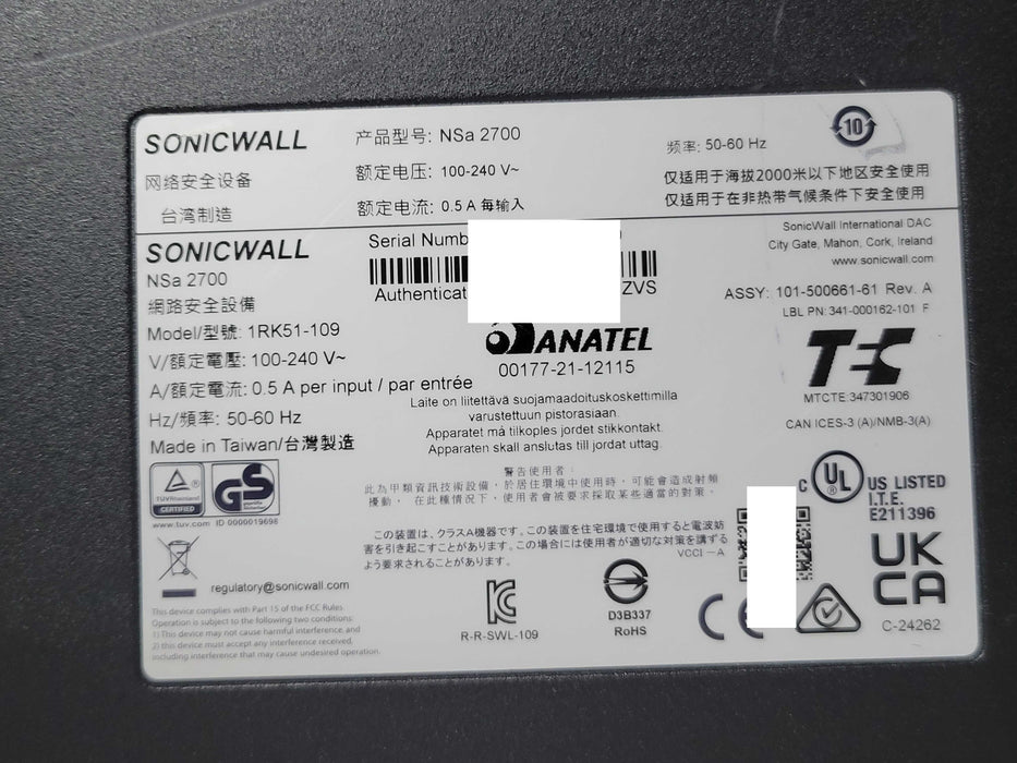 SonicWall NSA 2700 16-Port Network Security/Firewall Appliance 1RK51-109 _