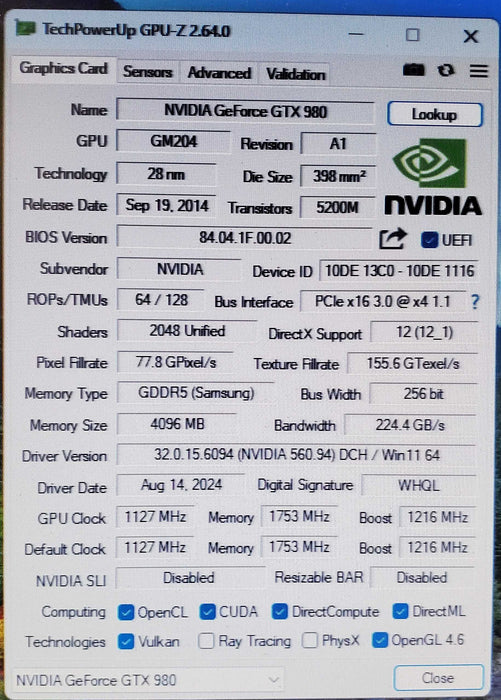 NVIDIA GEFORCE GTX 980 4GB GDDR5 Graphics Card