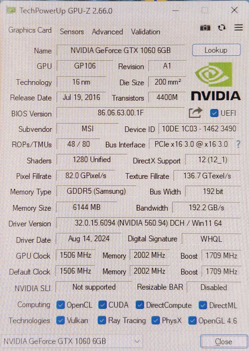 NVIDIA GeForce GTX 1060 6GB LENOVO ( Legion ) OEM Graphics Card