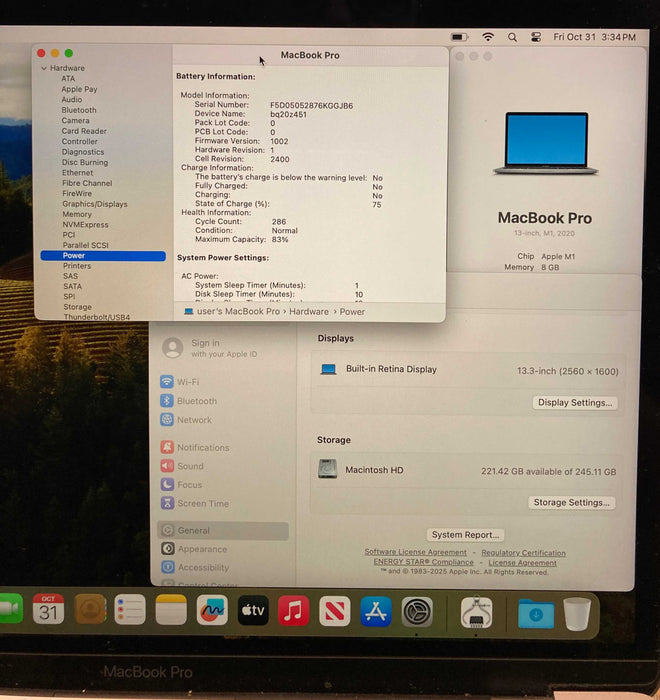 Apple MacBook Pro 13" 2020 M1 8GB RAM 256GB SSD No Power Adapter