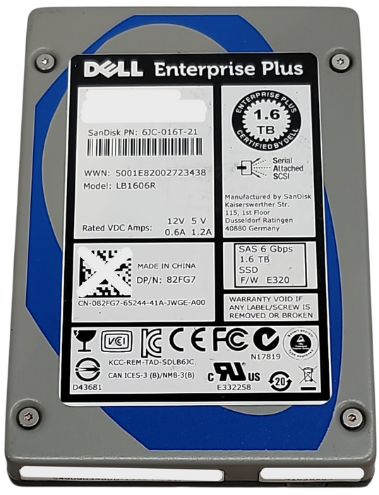 1.6TB SAS 2.5" 15mm 6Gb/s Dell Compellent Hot Plug MLC SSD - 82FG7 Q+