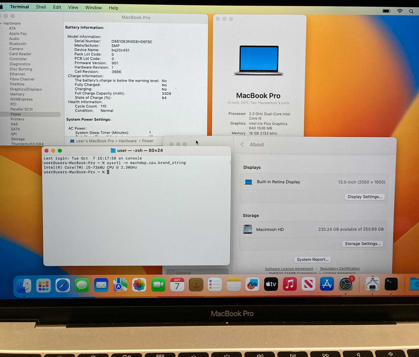 Apple MacBook Pro 13" 2017 i5-7360U 16GB RAM 256GB SSD No Power Adapter