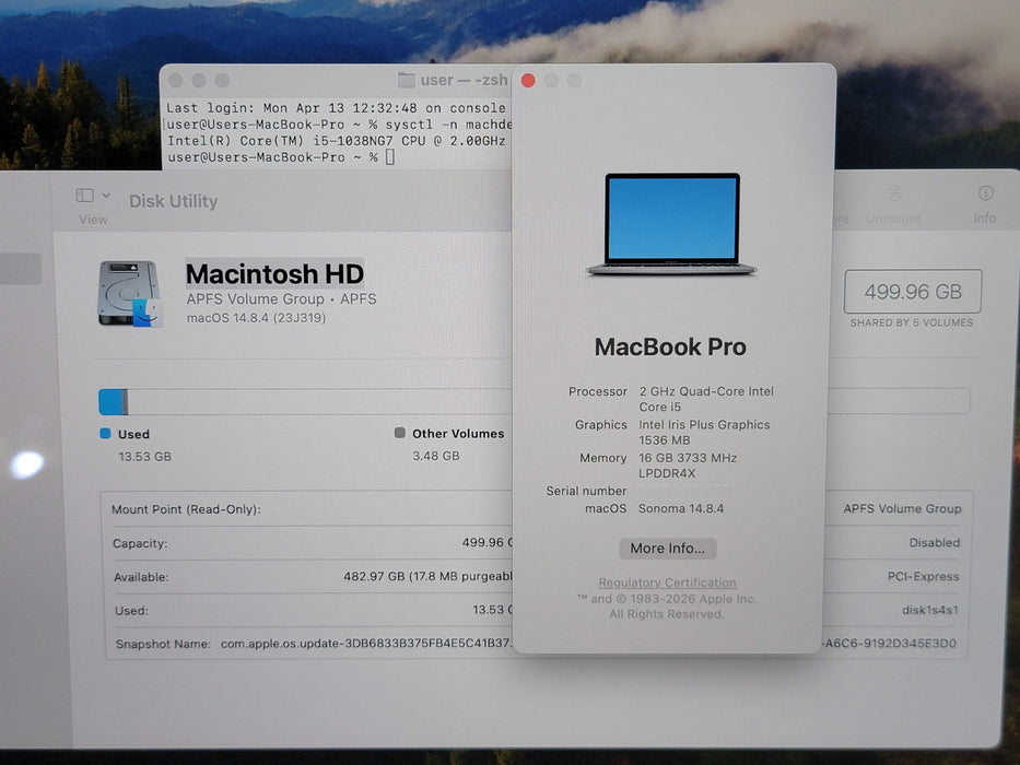 Apple Macbook Pro 2020 13" 4-Core i5-1038NG7 @ 2.0GHz 16GB DDR4 500GB SSD (