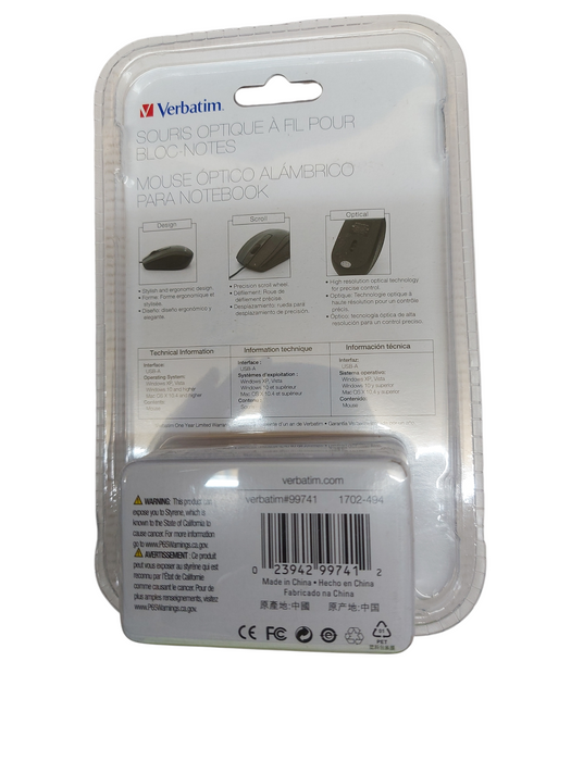 Verbatim Corded Notebook Optical Mouse - Grey