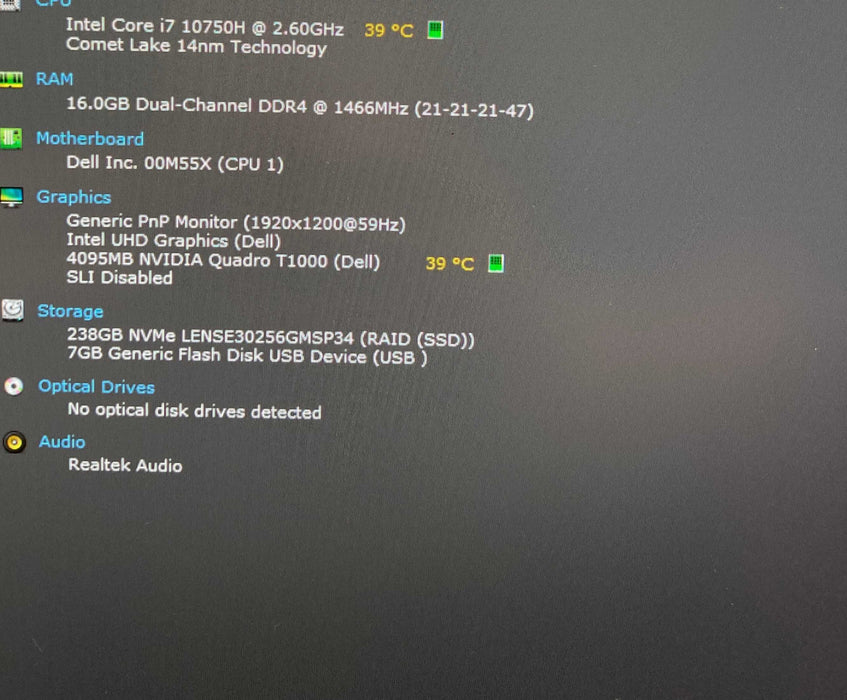 Dell Precision 5550 i7-10750H@2.6Gh QUADRO T1000 4GB GPU 16GB RAM 256GB SSD Q Lap200