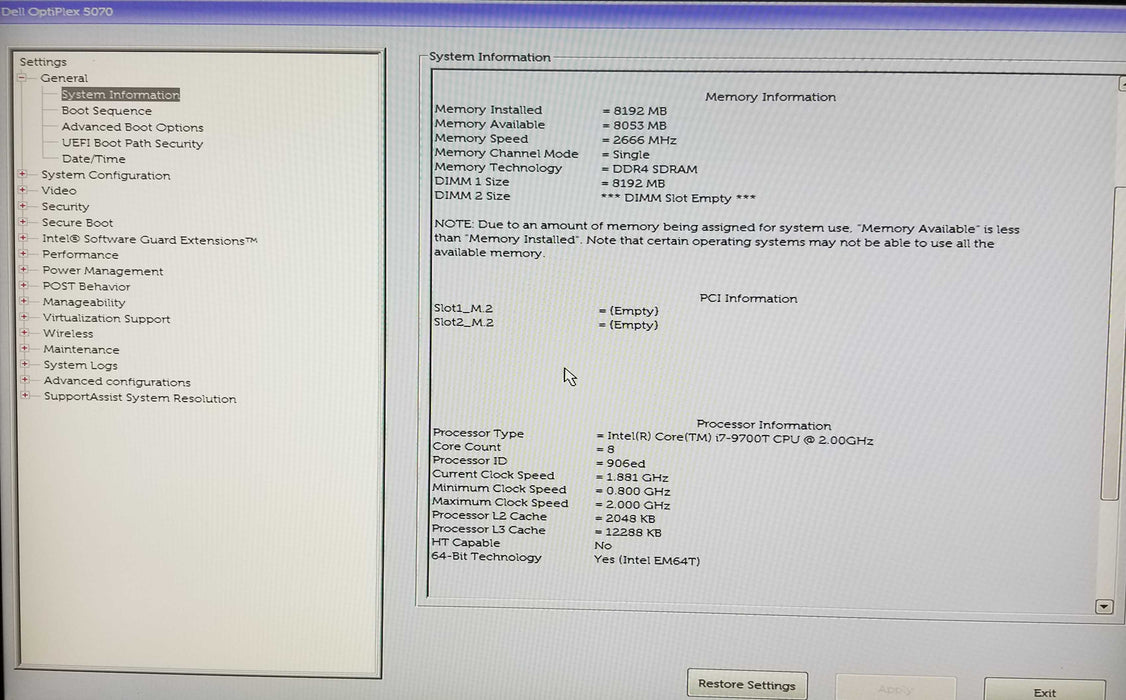 Dell OptiPlex 5070 USFF Intel i7-9700T CPU 2.00GHz 8GB RAM - No HDD Q