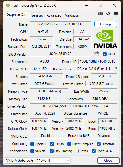 ASUS ROG STRIX GeForce GTX 1070 Ti 8GB GDDR5 GPU