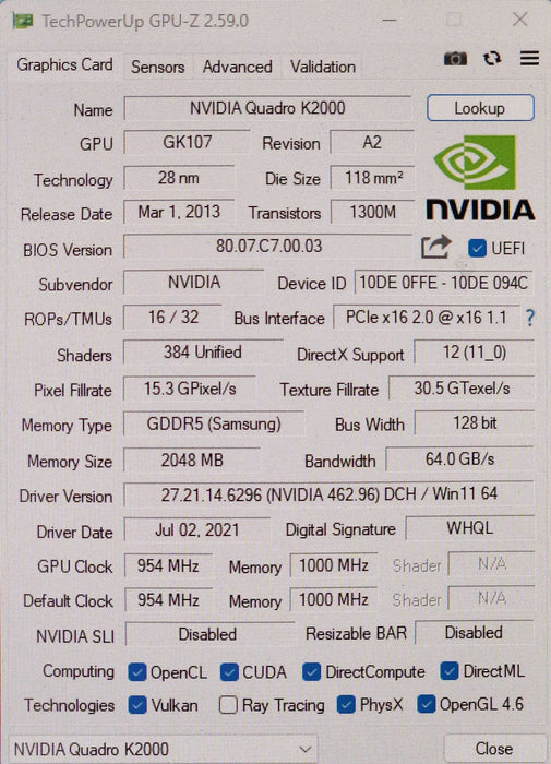 NVIDIA Quadro K2000 2GB GDDR5 Graphics Card, 1xDVI 2xDP