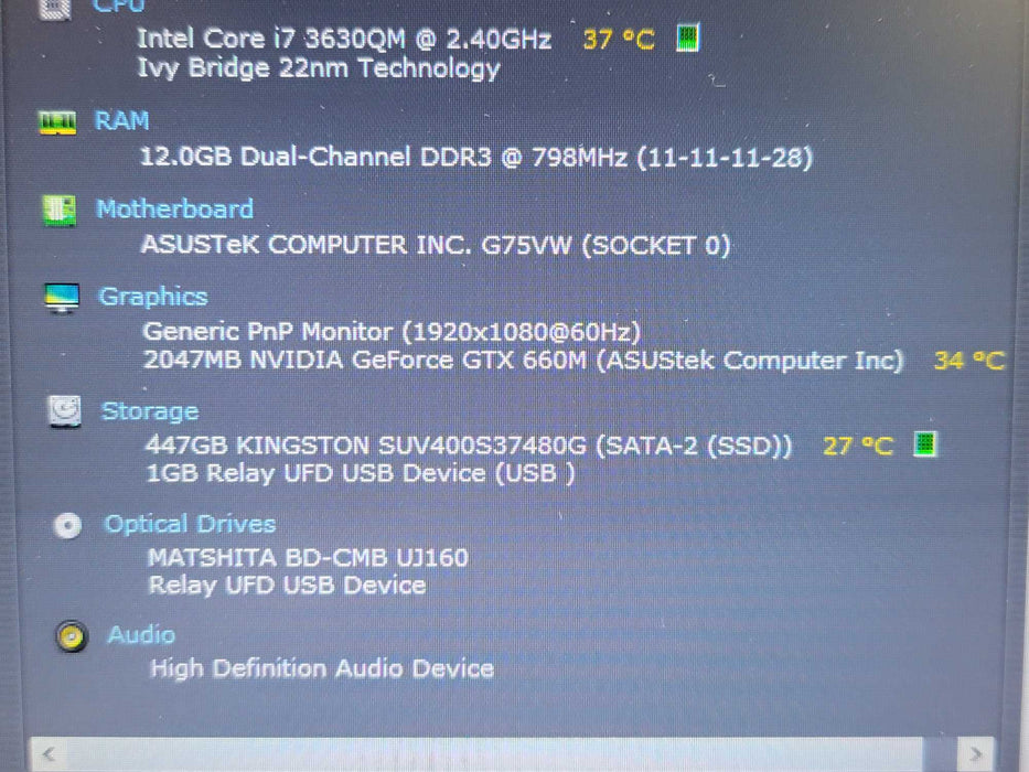 ASUS ROG G75V| i7- 3630QM| 12GB DDR3| GTX 660M| 500GB SSD, NO AC  β Lap200