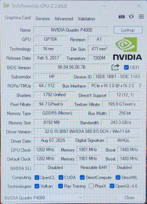 NVIDIA Quadro P4000 8GB GDDR5 Graphics Card 4x DisplayPort