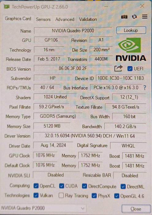 NVIDIA Quadro P2000 5GB GDDR5 Graphics Card, 4x DisplayPort