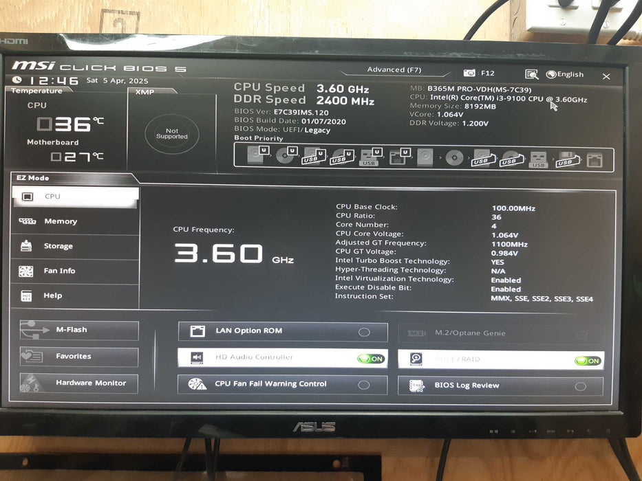 Custom PC MSI B365M PRO-VDH i3-9100 3.60 GHz 8GB DDR4 NO HDD
