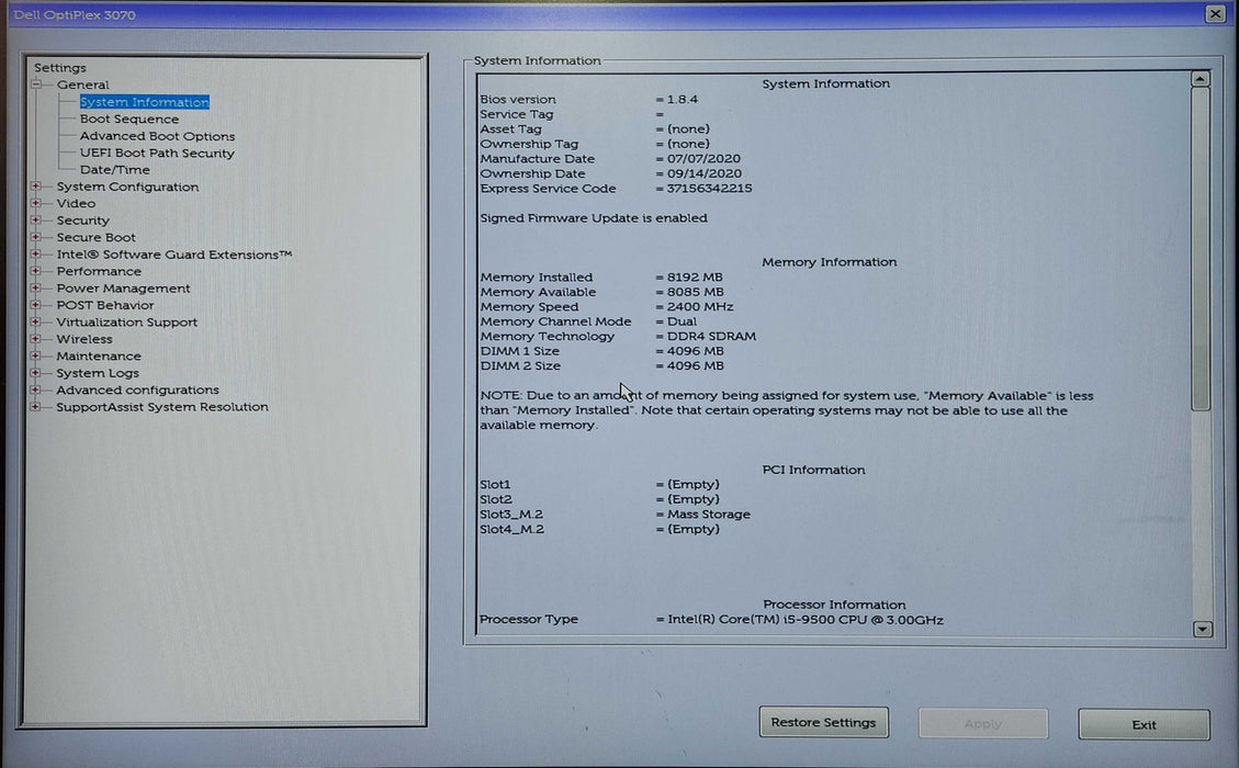 Dell Optiplex 3070 SFF, i5-9500 3.00GHz, 8GB DDR4, 256GB NVMe,  READ