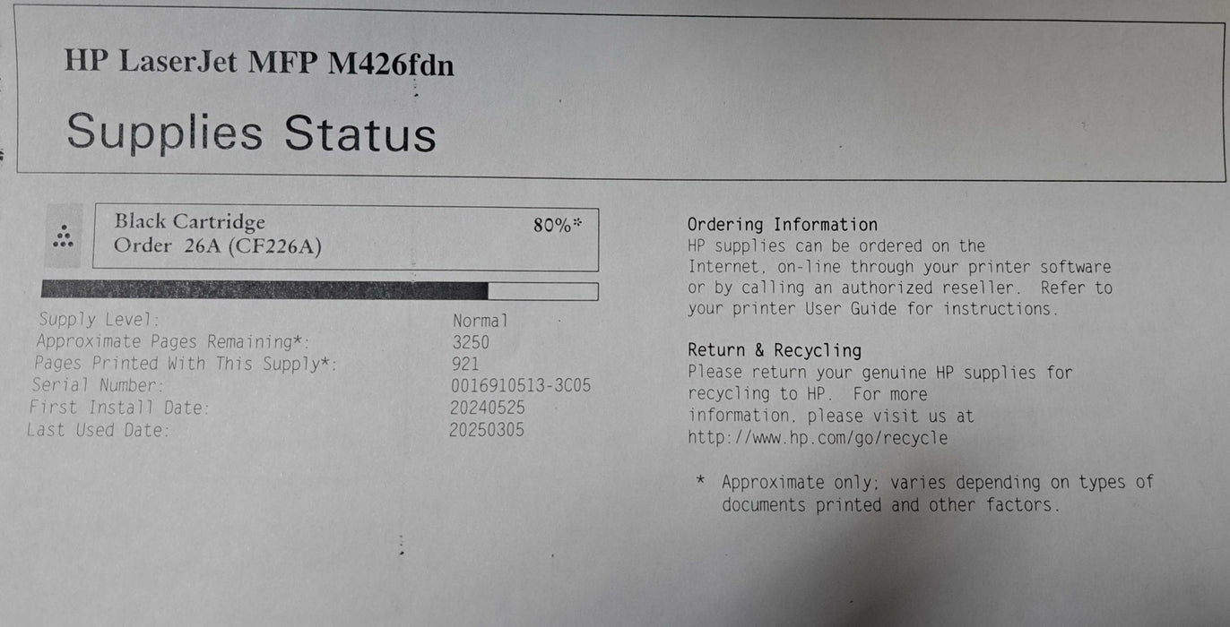 HP LaserJet Pro MFP M426fdn W/ 80% Left CF226A Toner