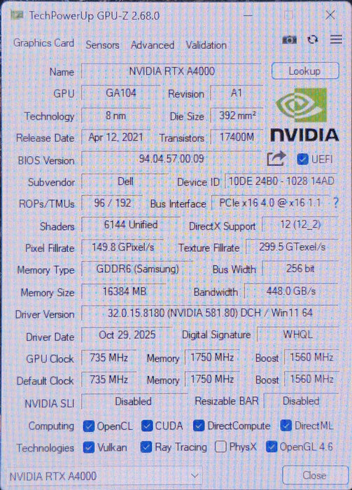 DELL NVIDIA RTX A4000 16GB GDDR6 Graphics Video Card GPU w/ 4x DisplayPorts