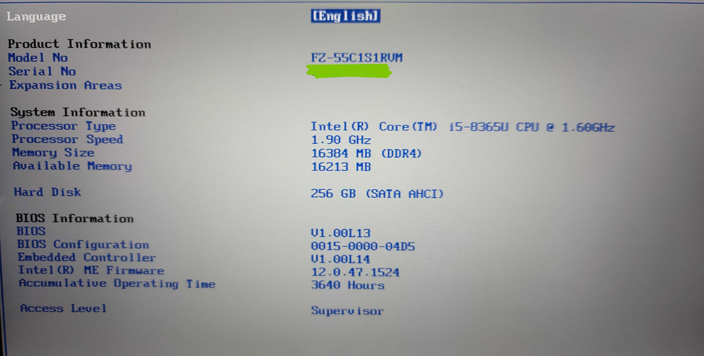 Panasonic ToughBook FZ-55 i5-8365U 16GB DDR4 256GB M.2 SATA READ  β Lap200