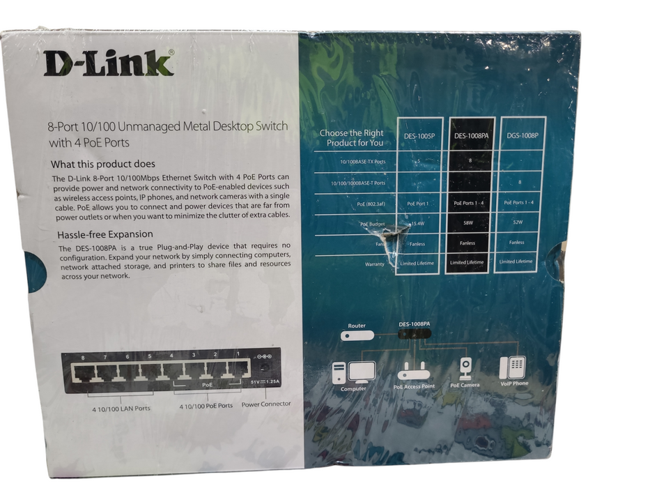 Lot 2x D-Link DES-1008Pa 8-Ports Unmanaged Metal Desktop Switch Q