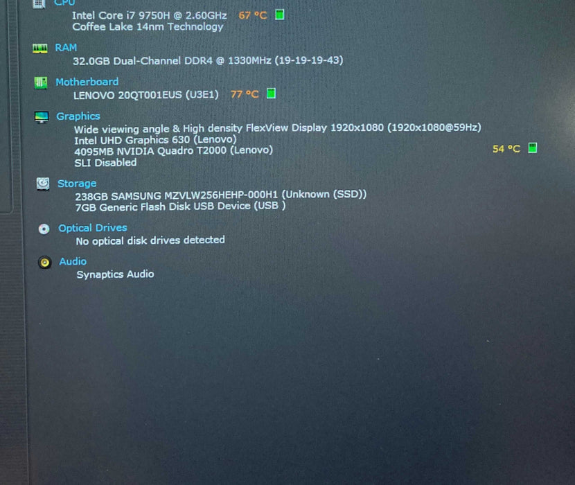 Lenovo ThinkPad P1 Gen 2 i7-9750H QUADRO T2000 4GB GPU 32GB RAM 256GB SSD  Lap200