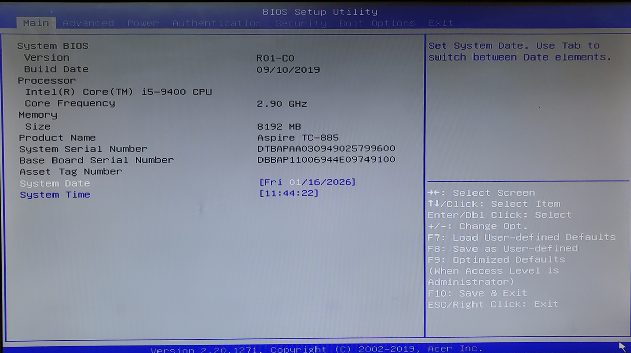 Acer Aspire TC-885 Intel Core i5-9400 8GB RAM 256GB NVMe