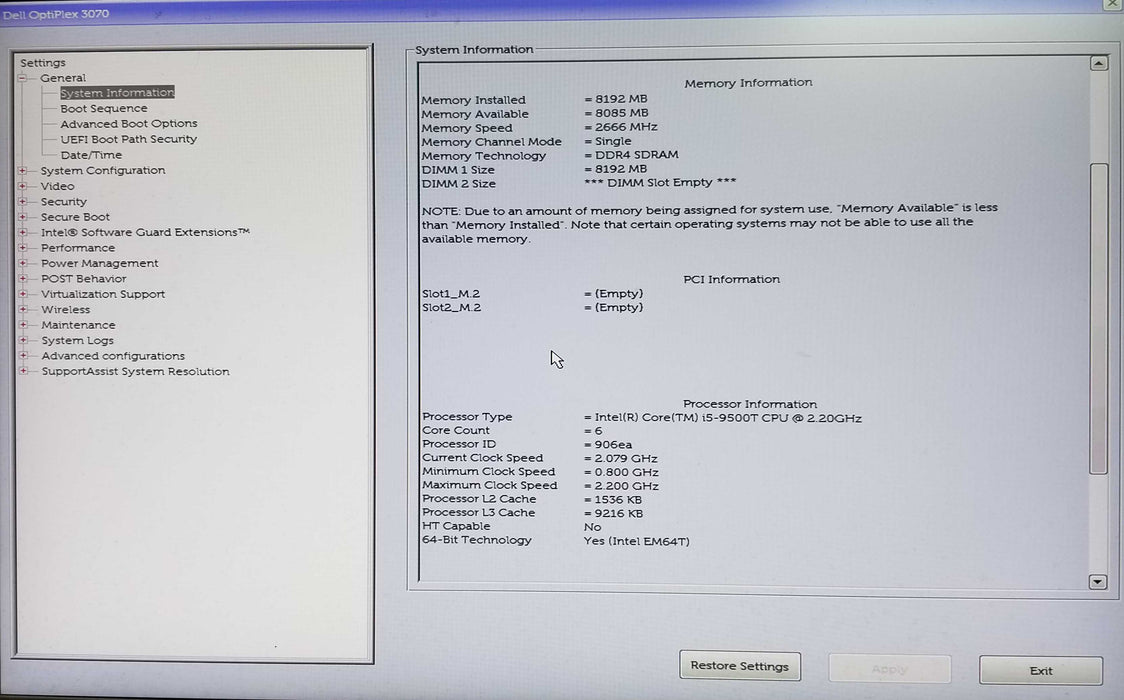 Dell OptiPlex 3070 USFF Intel i5-9500T CPU 2.20GHz 8GB RAM - No HDD Q