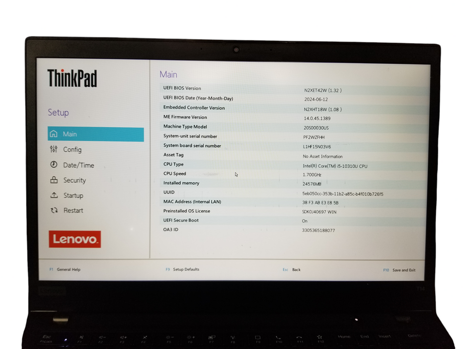 Lenovo ThinkPad T14 Gen1, Core i5-10350U, 24GB RAM, 256GB NVMe *READ*  Lap200