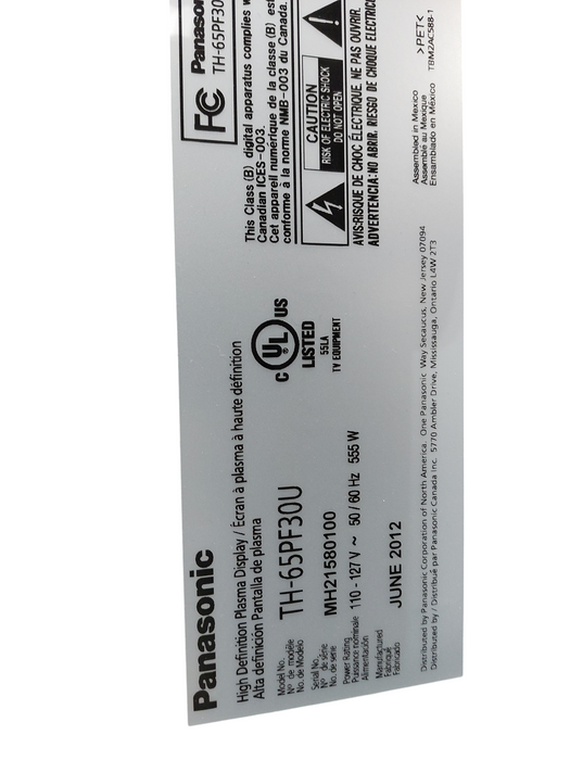 Panasonic High Definition PlasmaDisplay 65" Model: TH-65PF30U &TY-SP65P11WK Q=