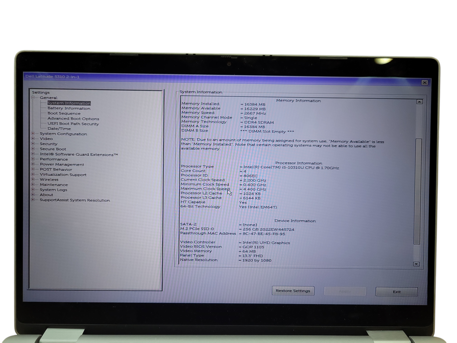 Dell Latitude 5310 2-in-1 Touch Intel Core i5-10310U, 16GB DDR4, 256GB NVMe READ ! Lap200