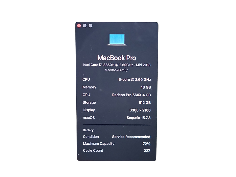 Apple Macbook Pro 2018 6-Core i7-8850H @ 2.6GHz 16GB RAM 500GB SSD (