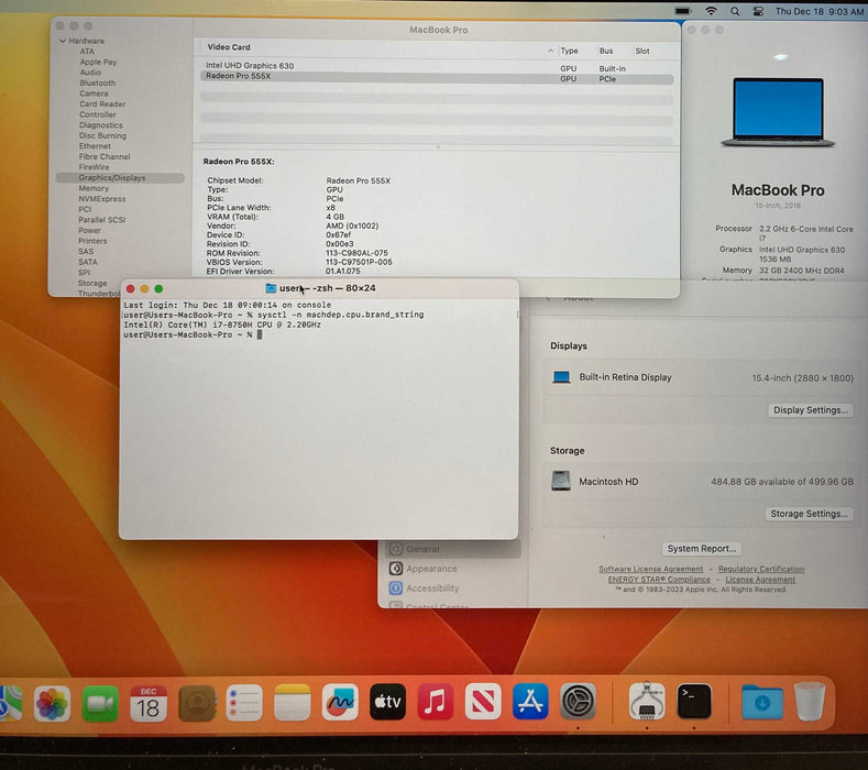 Apple MacBook Pro 15' 2018 i7-8750H 32GB RAM 512SSD Radeon Pro 555X READ