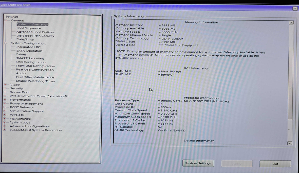 Dell OptiPlex 3070 USFF | i3-9100T @3.10GHz, 8GB DDR4, 256GB NVMe )