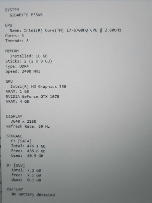 Gigabyte P35X i7-6700HQ 16GB DDR4 GTX 1070 500GB SSD 4K READ  β Lap200