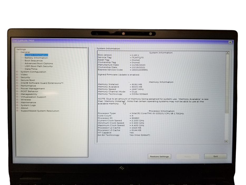 Dell Latitude 7410 | i5-10310U @1.70GHz | 8GB RAM DDR4 | 256GB NVMe  Lap200