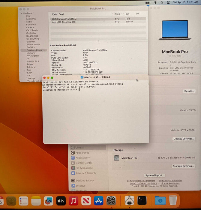 Apple MacBook Pro 16" 2019 i7-9750H Radeon Pro 5300M 16GB RAM 512SSD READ