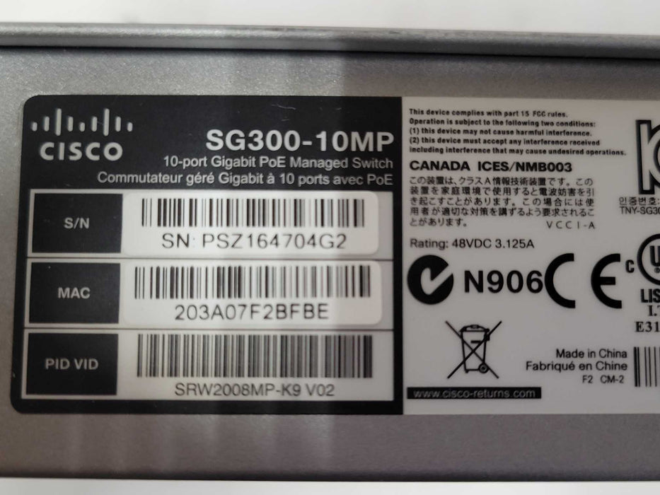 Lot of 2x Cisco SG300-10MP 10-Port Gigabit PoE+ Managed Switch W/Ears, READ _