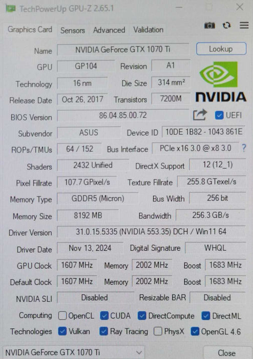 Gpu Z 1660 Ti Mhz ROG-STRIX-GTX1070TI-A8G-GAMING GAMING