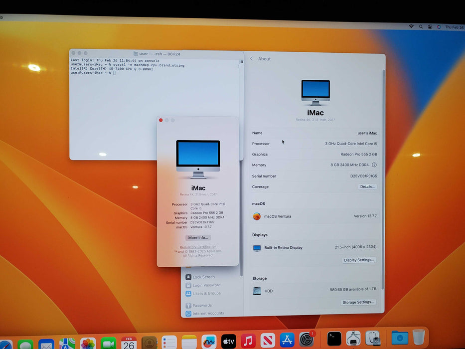 Apple iMac Retina 4K 2017 21.5" A1418, i5-7400 CPU 3GHz 8GB RAM 1TB