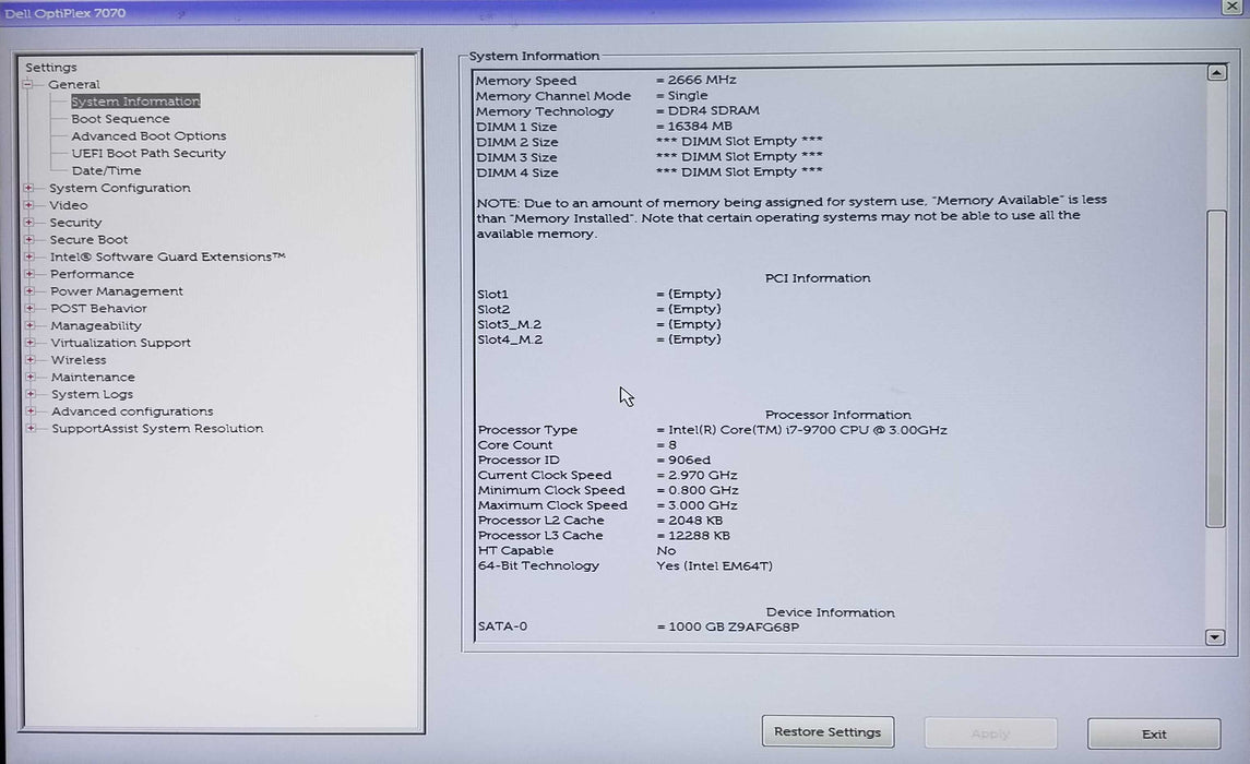 Dell OptiPlex 7070 SFF Intel i7-9700 CPU 3.00GHz 16GB RAM 1TB HDD