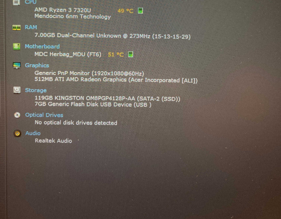 Acer Aspire 315-24P AMD Ryzen 3 7320U@2.40GHz 8GB RAM 128GB SSD  Lap200