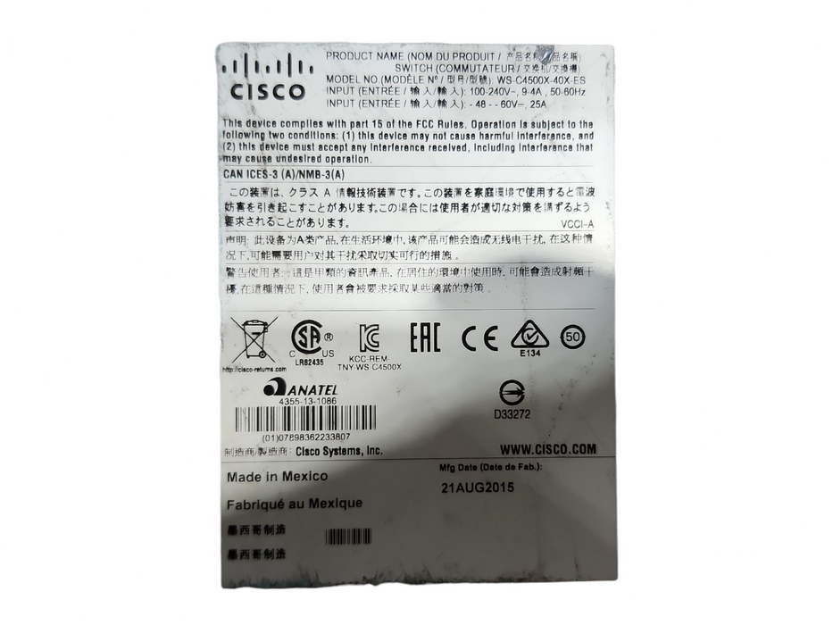 Cisco WS-C4500X-40X-ES v04, 40 Port Ethernet Switch w/ Dual Power