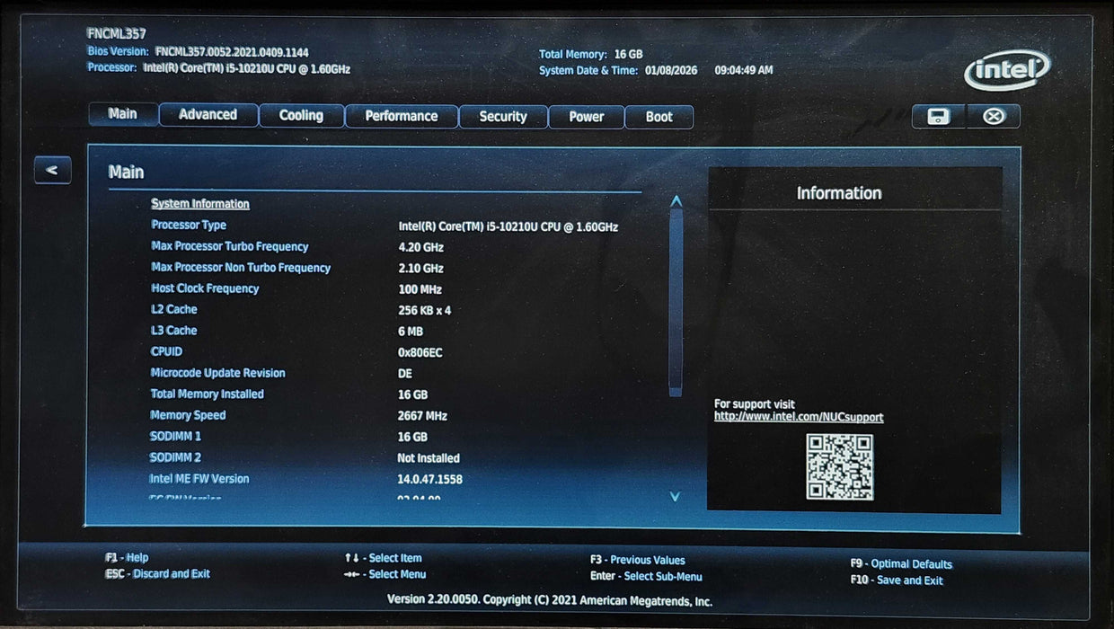 Intel BXNUC10I5FNK1 Mini PC, i5-10210U 1.60GHz, 16GB DDR4, 256GB NVMe