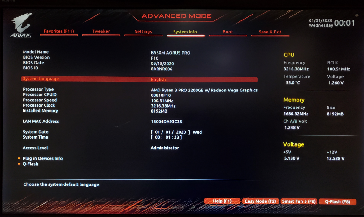 Gigabyte B550M Aorus Pro Motherboard - Ryzen 3 PRO 2200GE - No RAM