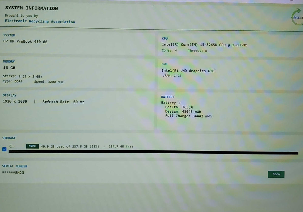 HP ProBook 450 G6 i5-8265U 1.60GHz 16GB Ram 256GB SSD READ  BudLap