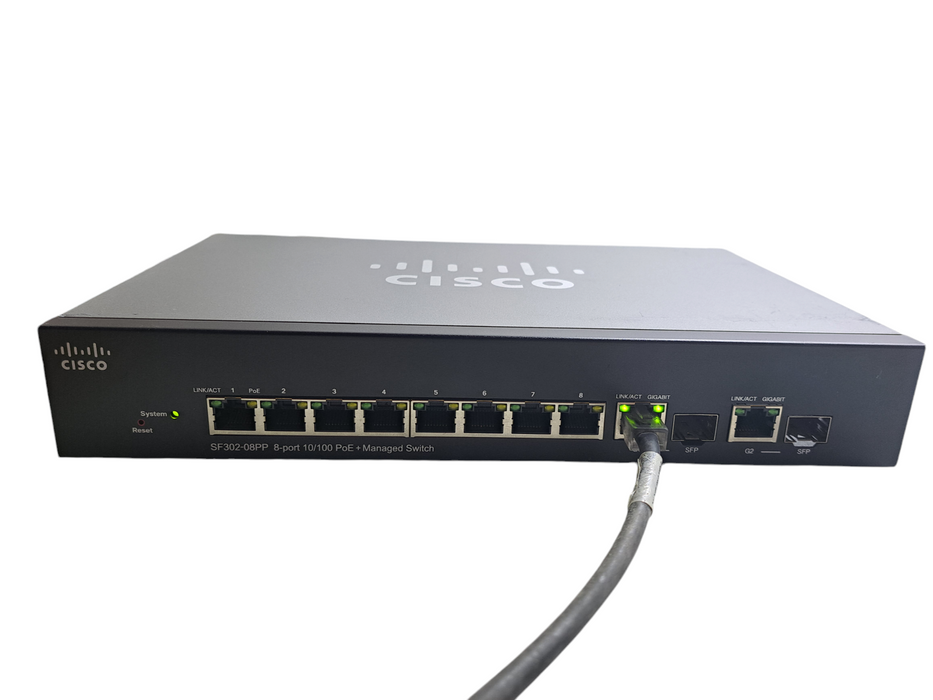 Cisco SF302-08PP-K9 | 8-Port 10/100 PoE+ Managed Network Switch