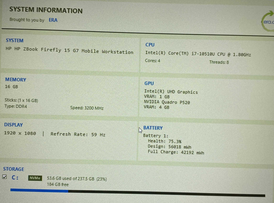 HP ZBook Firefly 15 G7 i7-10510U QUADRO P520 4GB GPU 16GB RAM 256GB SSD  Lap200